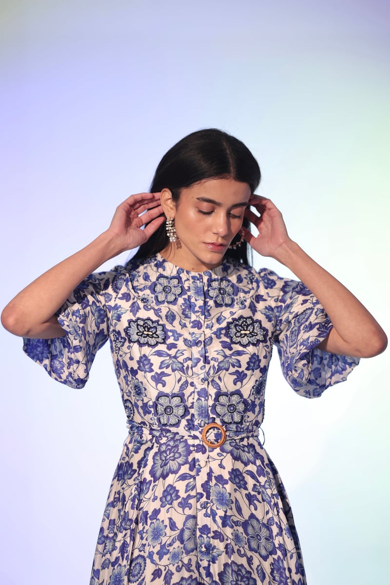 White and Blue Floral Belted Button-Front Midi Dress