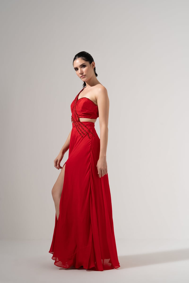 Crimson One-Shoulder Beaded Cutout Maxi Gown