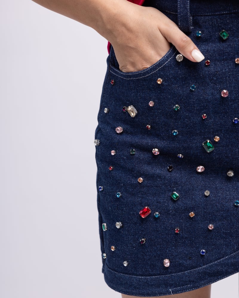 Dark Blue Rhinestone Asymmetric Denim Mini Skirt