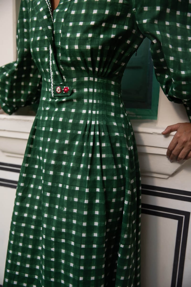 Green Checked Fit and Flare Midi Dress