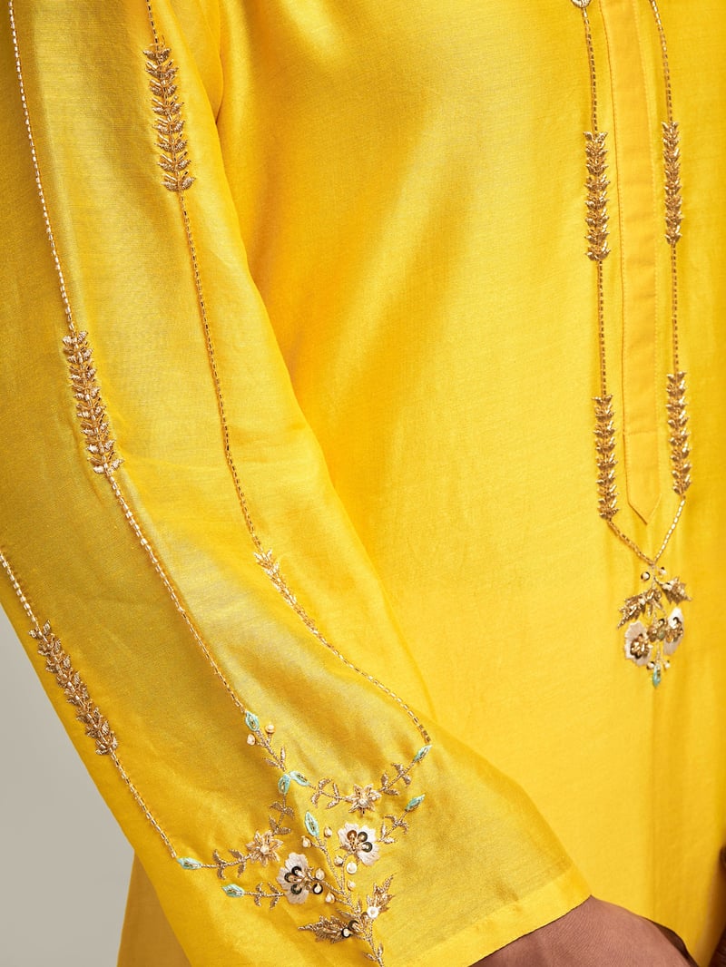 Yellow Silk Chanderi Embroidered Straight Kurta Set