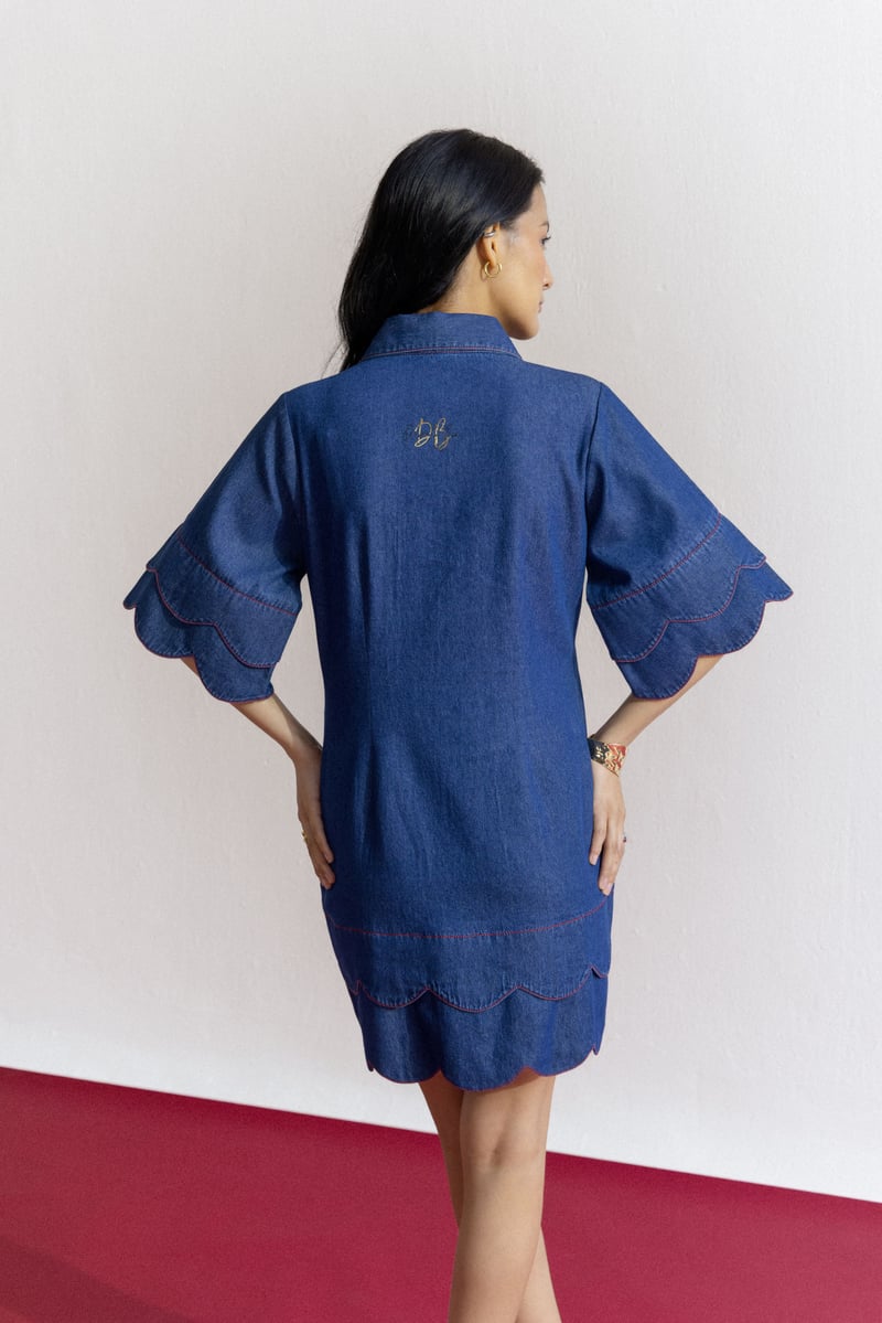 Blue Denim Shirt Dress with Zip Front and Scalloped Hem