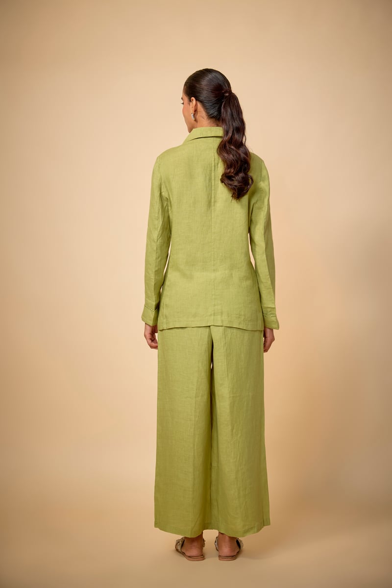 Pista Green Linen Blazer with Hem Artwork