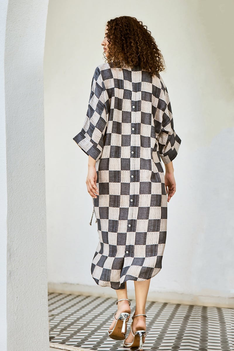Charcoal Patchwork Midi Dress with V-Neck and 3/4 Sleeves