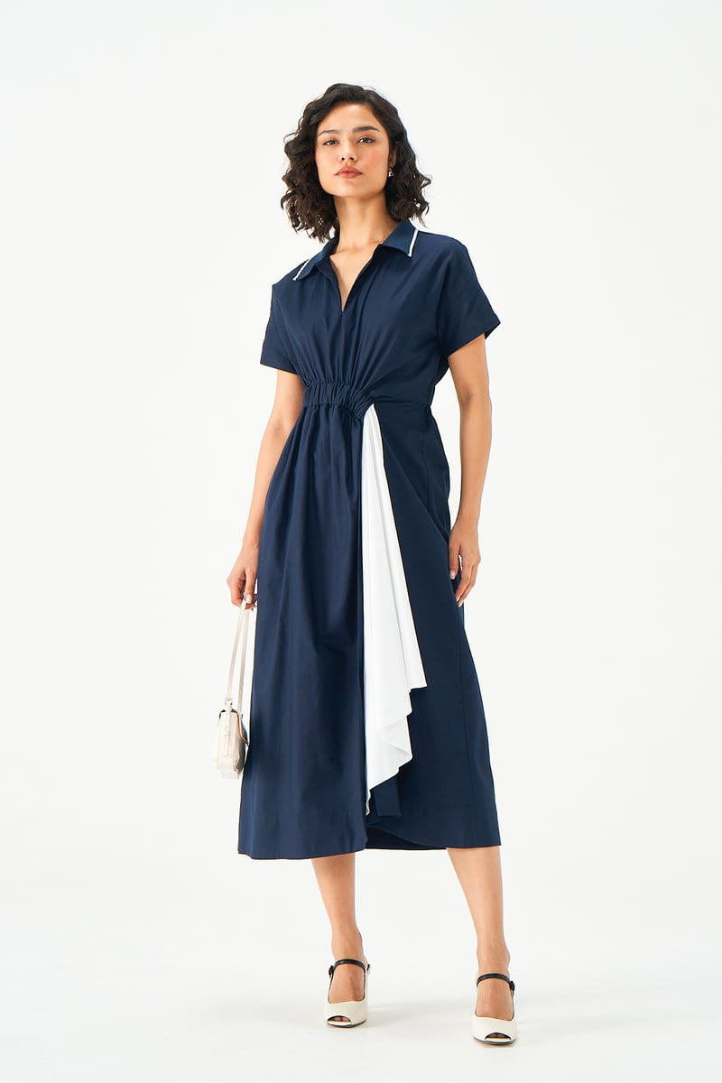 Navy and White Cotton Shirtdress with Contrast Waist Tie — NOTEBOOK
