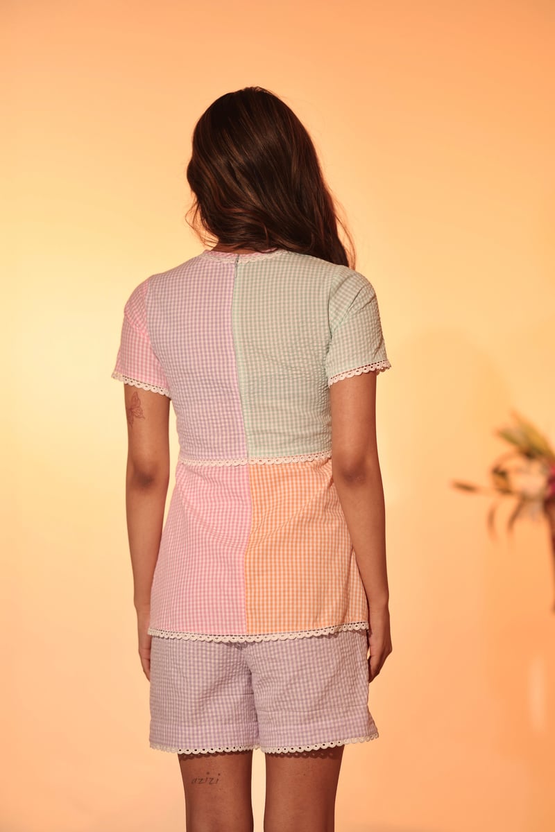 Pastel Gingham Colorblock Lace Trim Co-ord Set