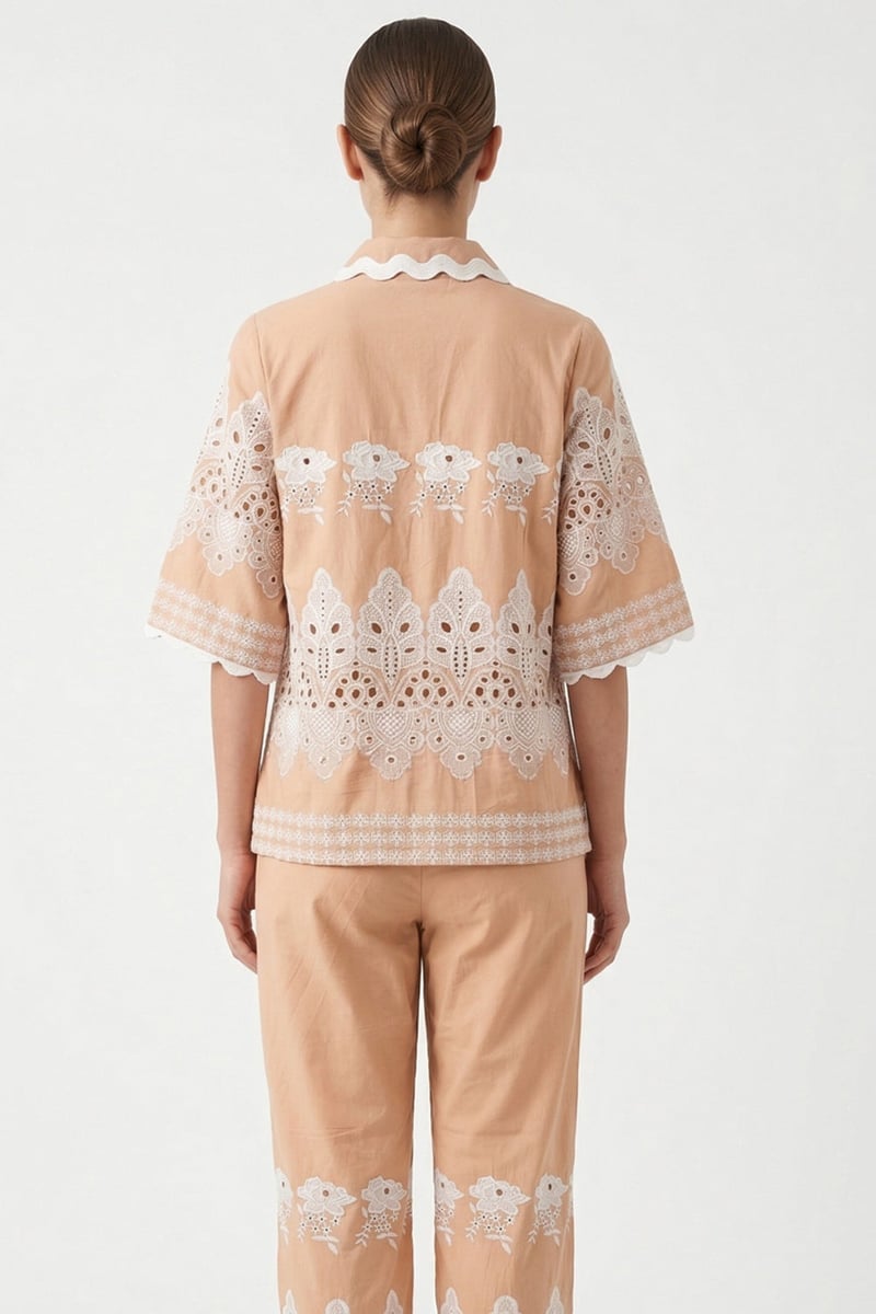 Beige Cotton Eyelet Embroidered Shirt and Pant Co-ord Set