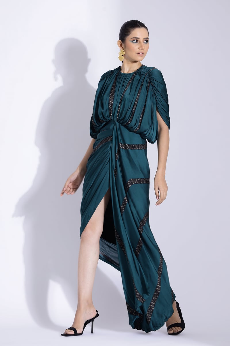 Teal Draped Kaftan Gown with Front Slit