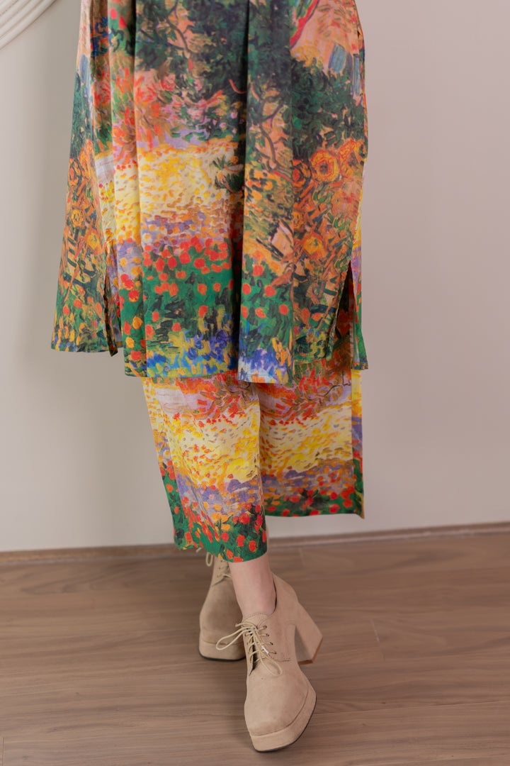 Multicolor Scenic Print Cotton Cambric Kurta Set