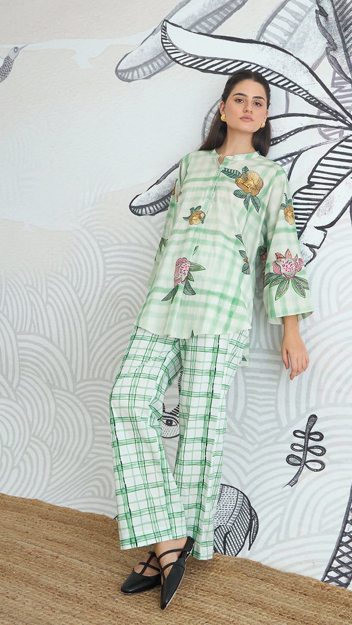 Green Checked Floral Kimono Tunic and Pants Co-ord Set