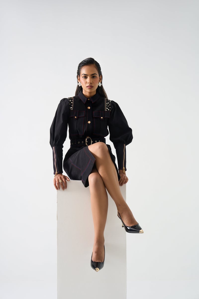 Black Embellished Shirt Dress with Belt