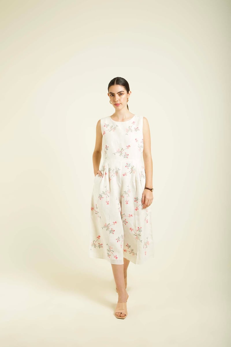 Ivory Floral Printed Linen Jumpsuit with Organza Jacket Set