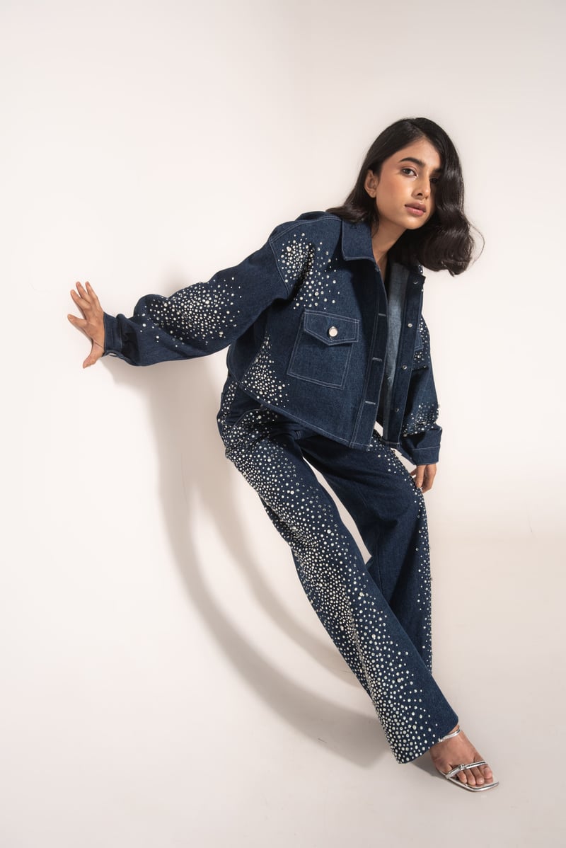 Navy Rhinestone Embellished High-Rise Baggy Jeans