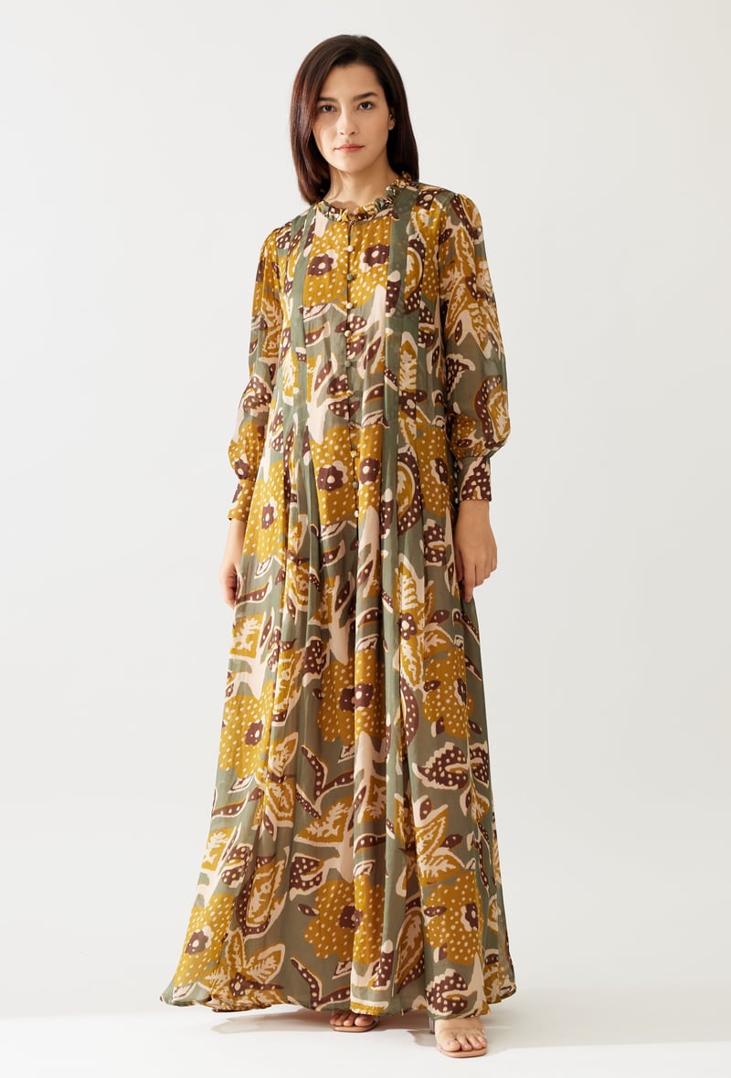Olive And Mustard Floral Long Dress