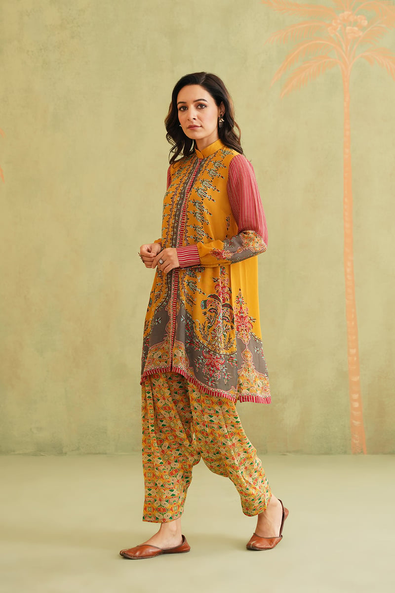 Yellow Printed Bemberg Crepe Kurta Co-ord Set