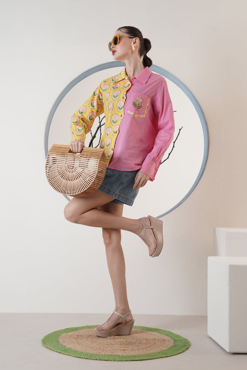 Yellow Pink Colorblock Floral Print Button-Down Shirt