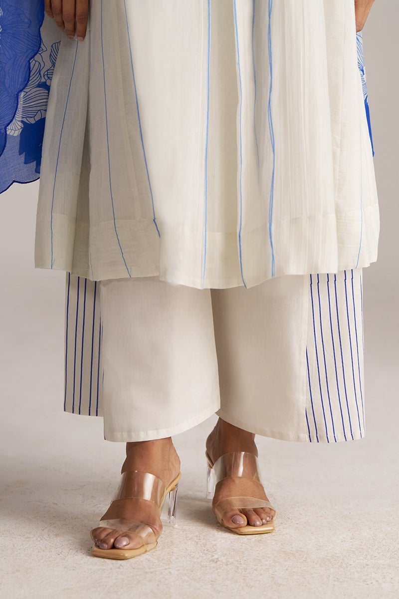 Ivory and Cobalt Printed A-Line Chanderi Kurta Set