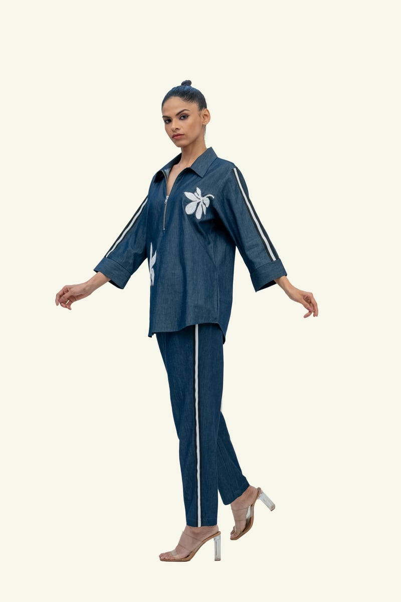 Blue Denim Cotton Shirt with Embroidery