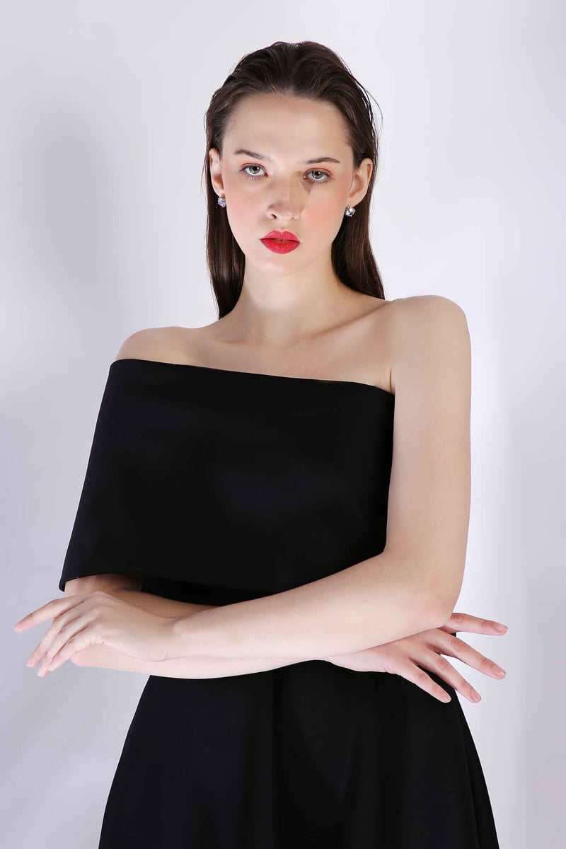 Black Off-Shoulder A-Line Midi Dress with Floral Hem