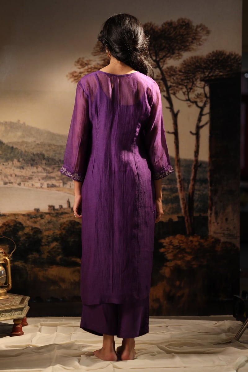 Purple Chanderi Embroidered Kurta Set with Pants and Slip
