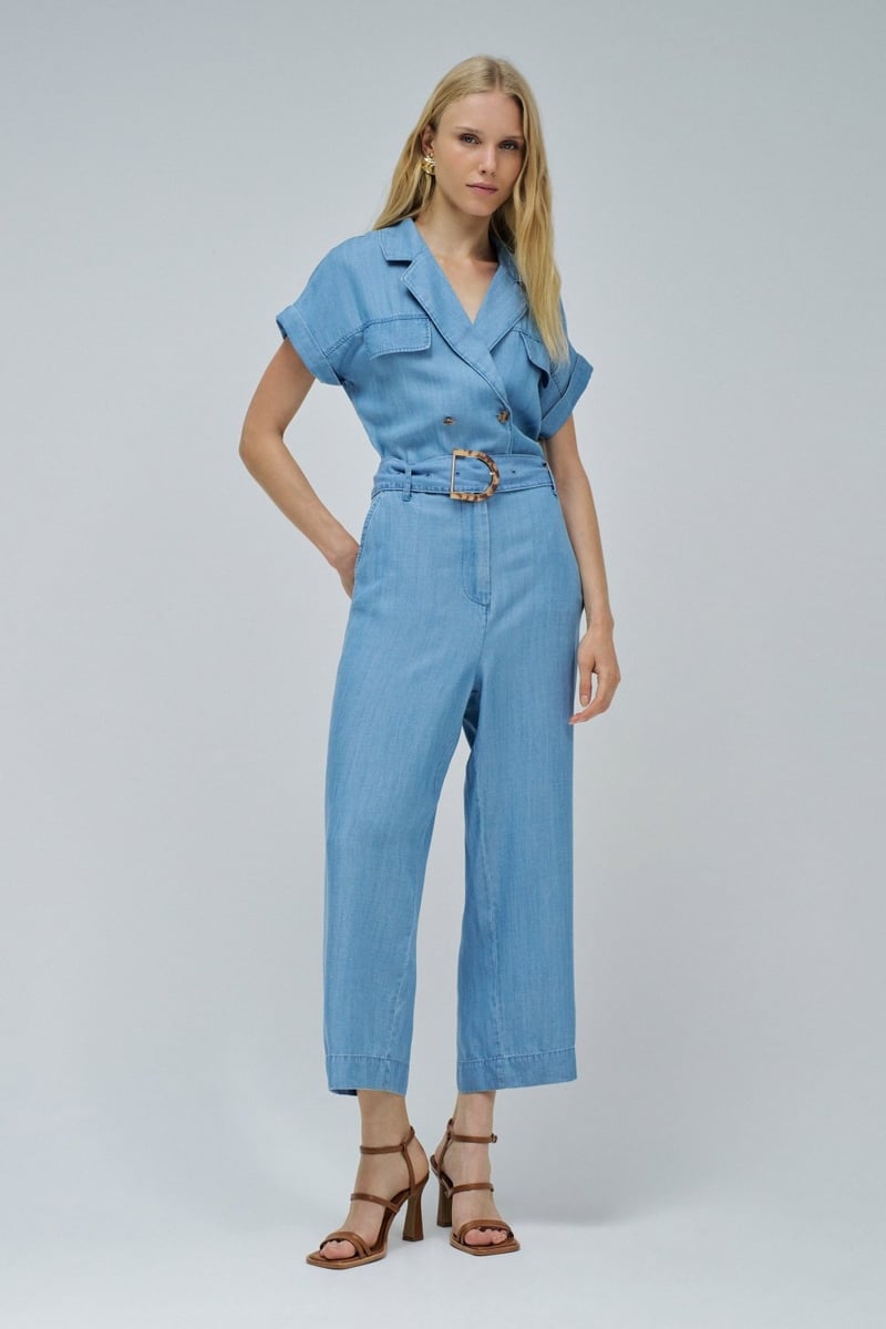 Blue Lightdenim Belted Wide-Leg Jumpsuit — SALSA JEANS