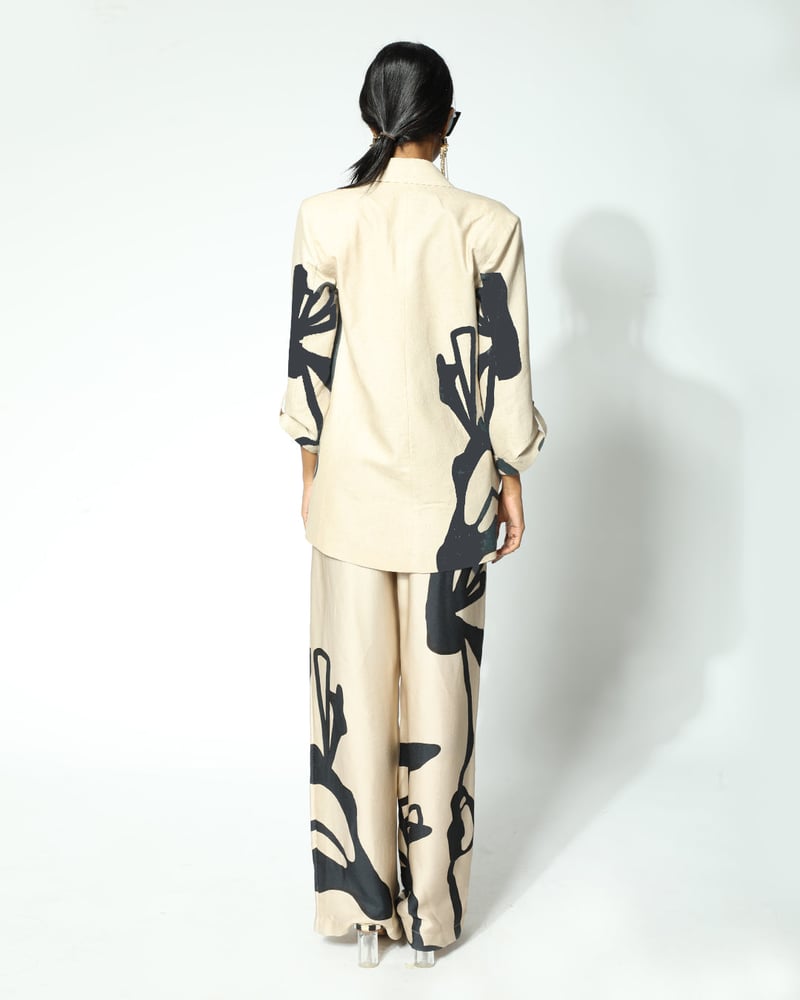 Beige and Black Abstract Print High-Waist Wide-Leg Trousers