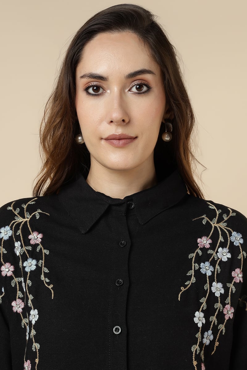 Black Floral Embroidered Longline Button-Down Shirt
