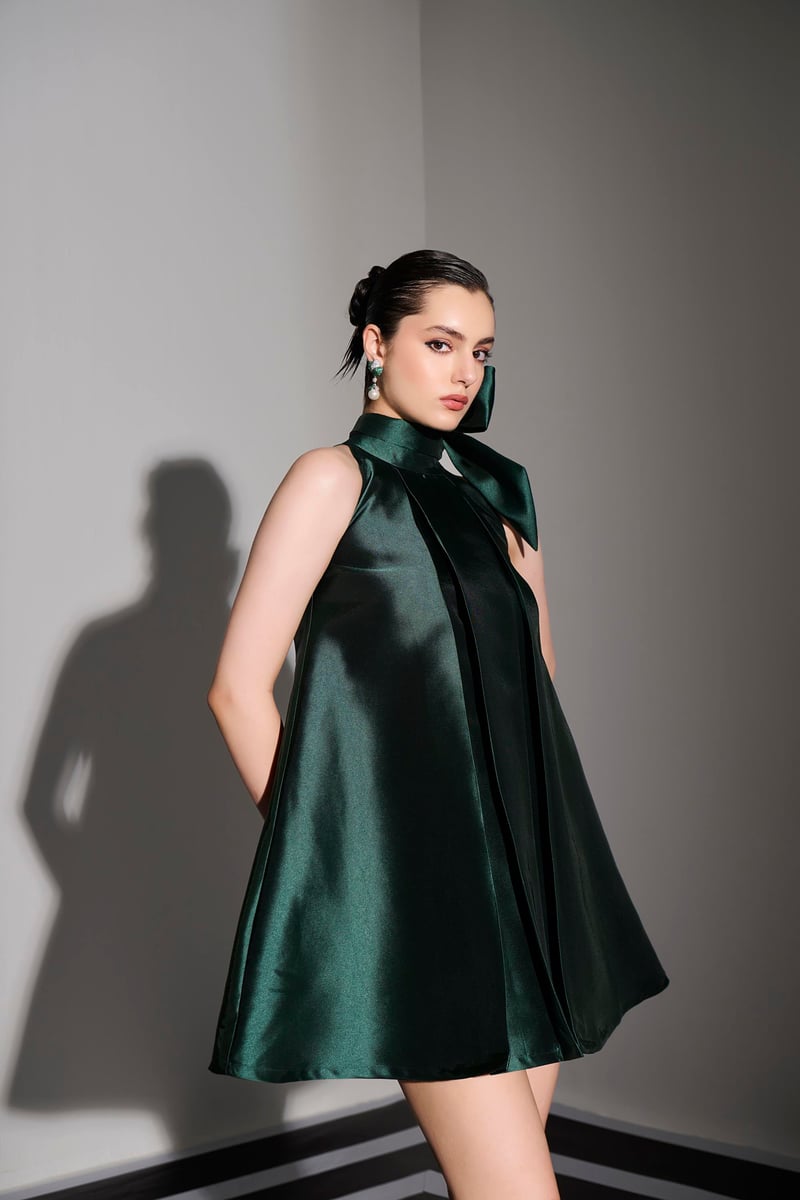 Emerald Halter Neck Bow Detail A-Line Mini Dress