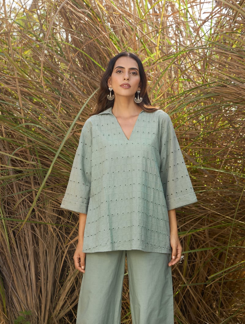 Light Blue Cotton Cutwork Co-ord Set with Wide-Leg Pants