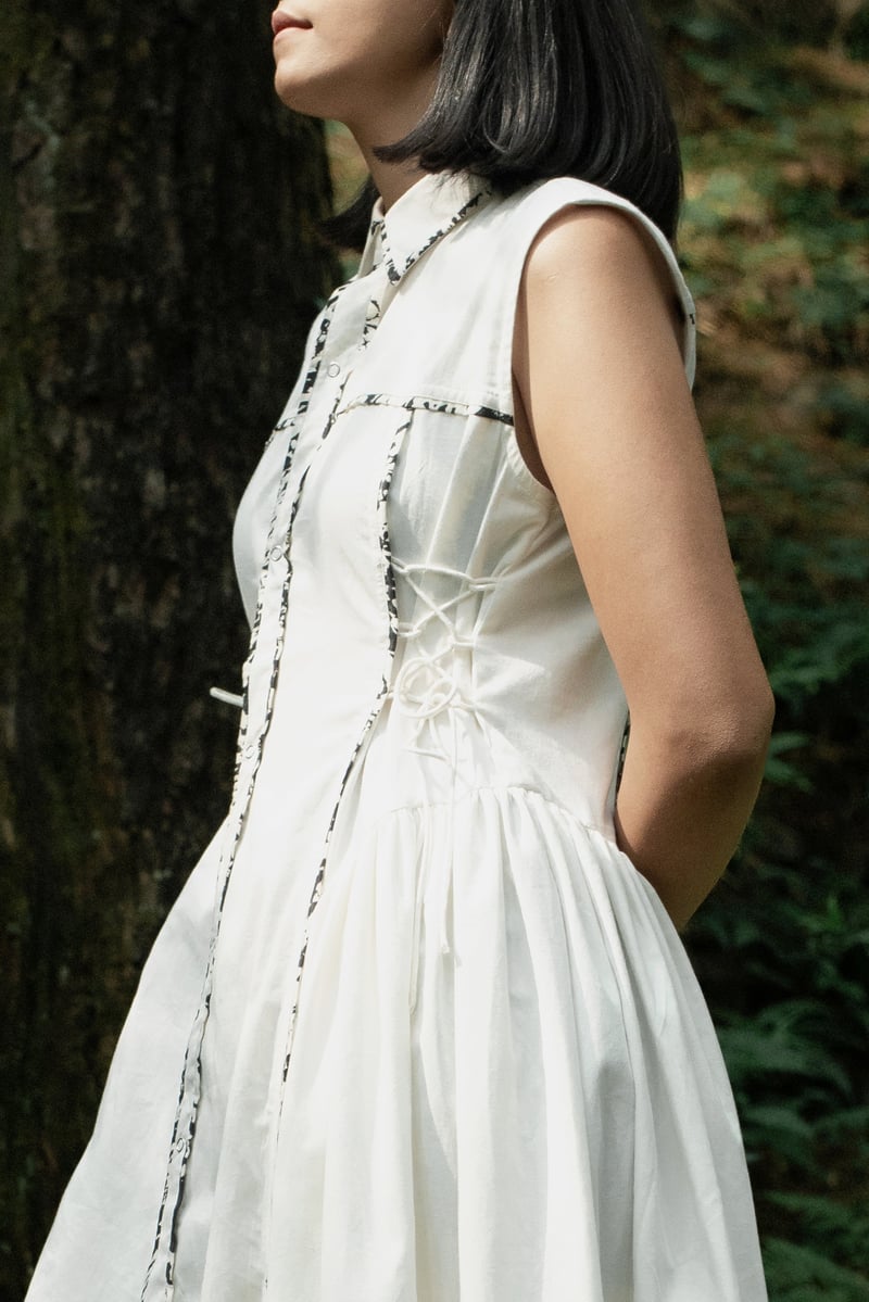 White Midi Shirt Dress with Contrast Piping and Side Tie