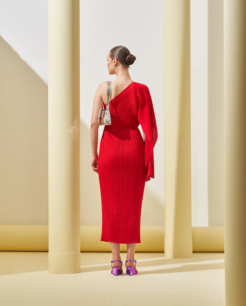 Red One-Shoulder Pleated Midi Dress with Drape Detail