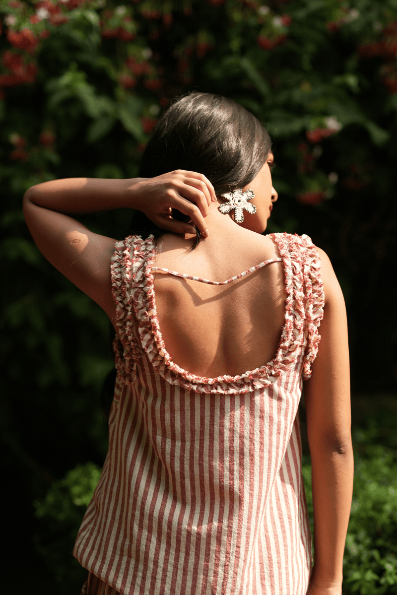 Red and Beige Striped Cotton Lace-Up Sleeveless Top