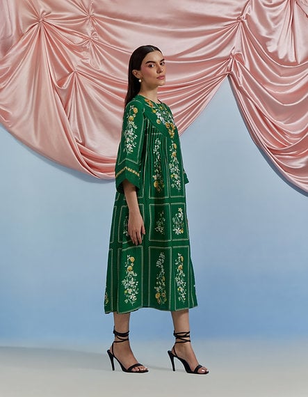 Forest Green Floral Printed A-Line Kurta