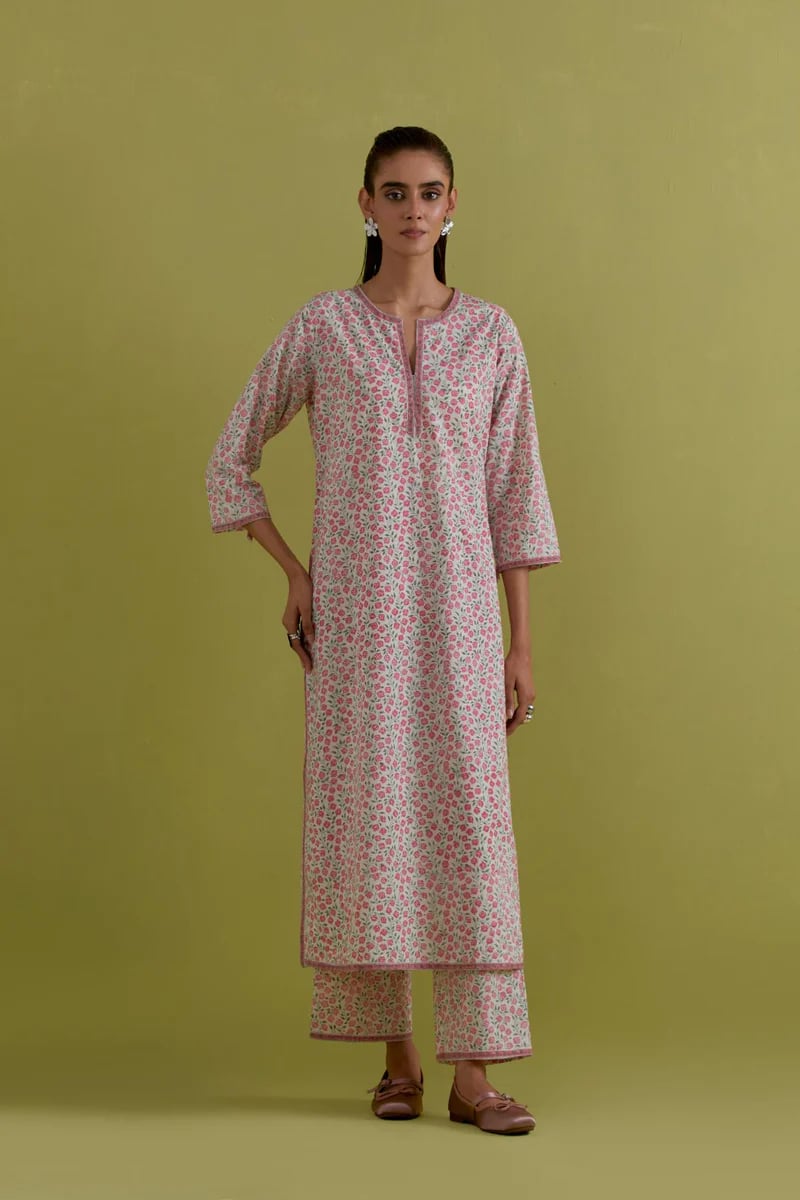 Off White Cotton Straight Long Kurta Set