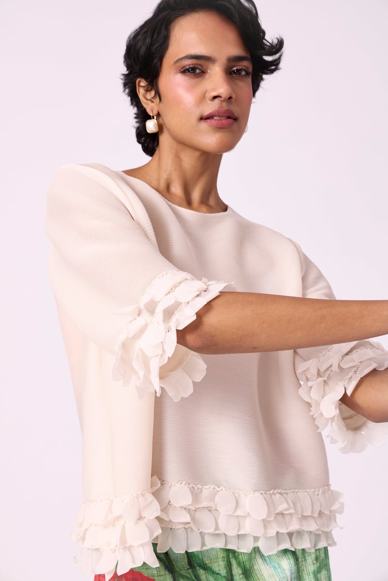Ivory Pleated A-Line Top with Organza Scallop Hem