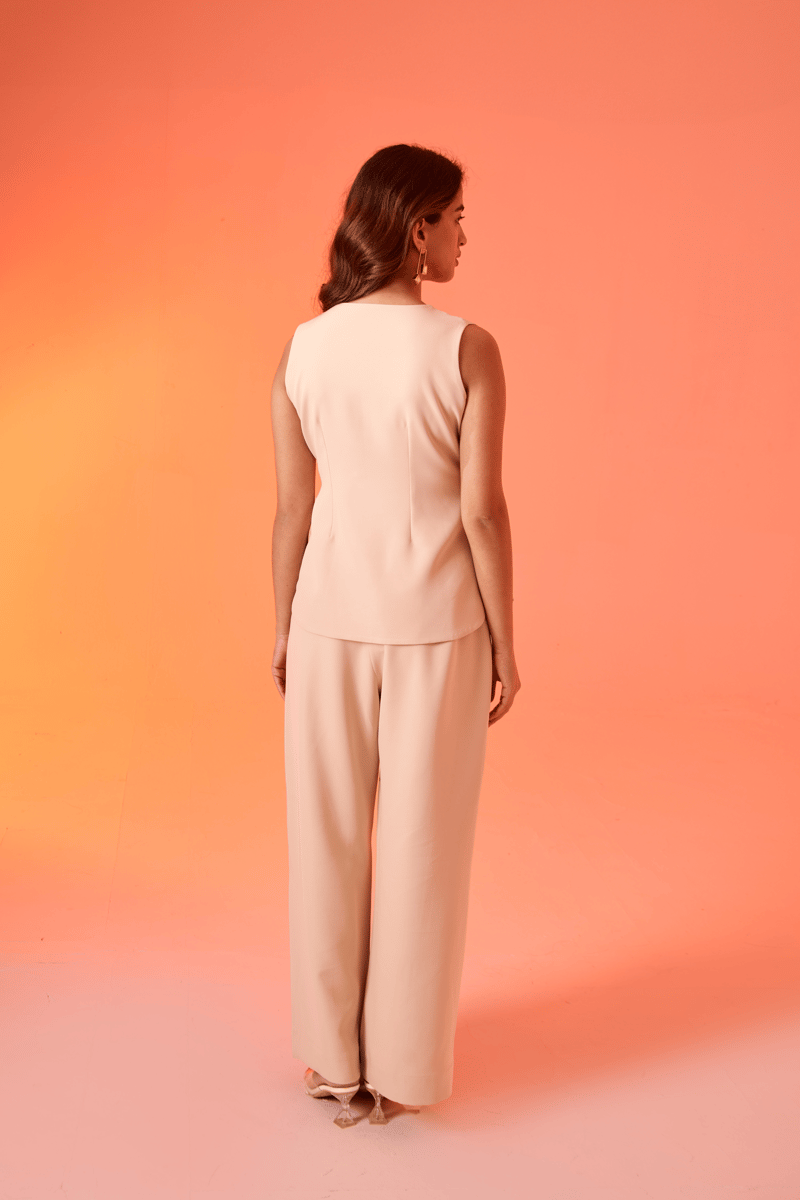 Cream Banana Crepe Co-ord Set with Waist Tie