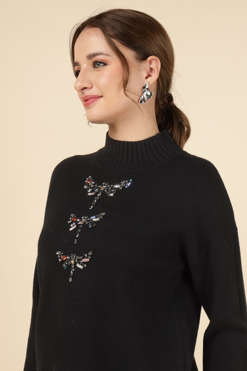 Black High Neck Crystal Embellished Pullover Sweater