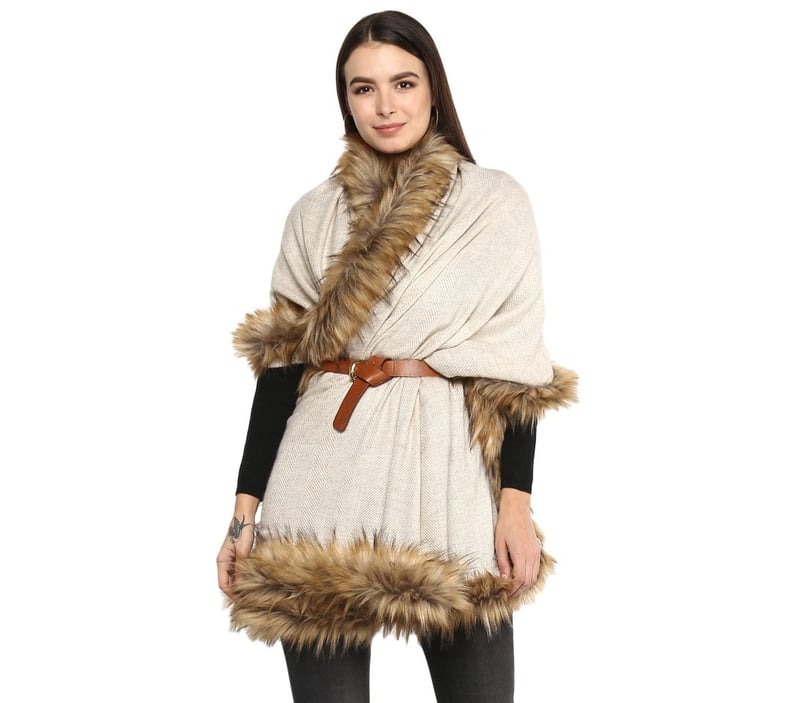 Beige Herringbone Wool-Blend Stole with Faux Fur Trim