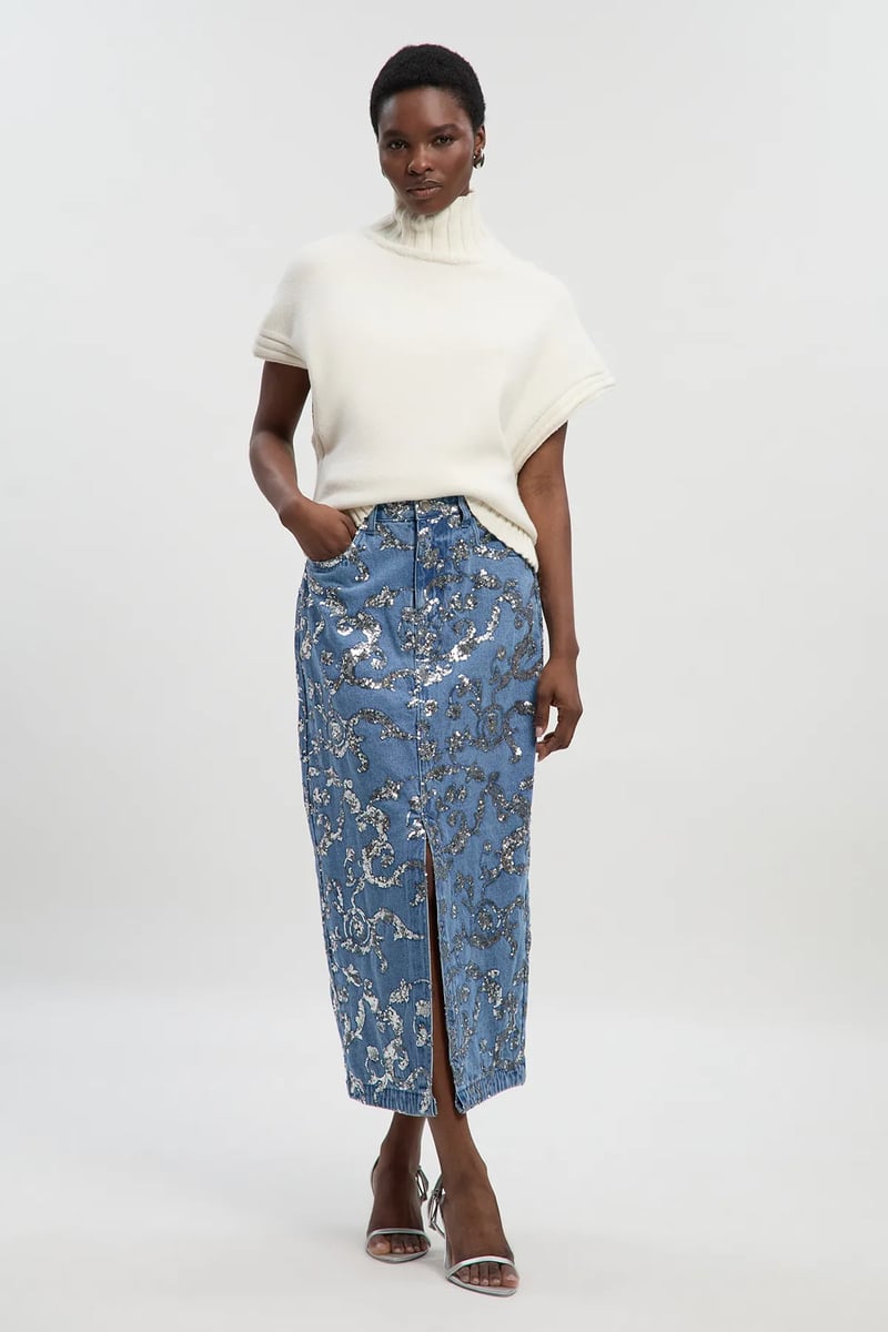Mid Blue Sequin-Embellished Denim Midi Skirt