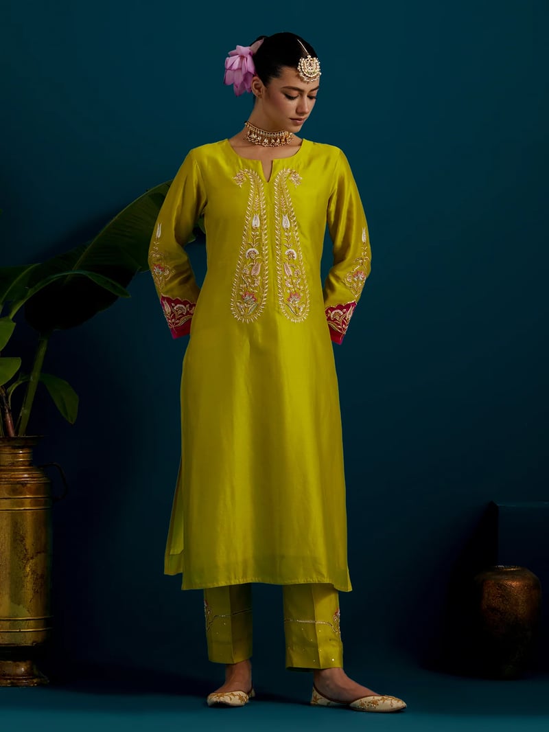 Lime Green Embroidered Yoke Kurta Set with Pants — Anantaa