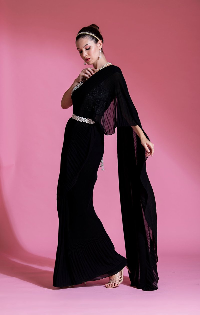 Black Pre-Draped Pleated Saree Set with Belt