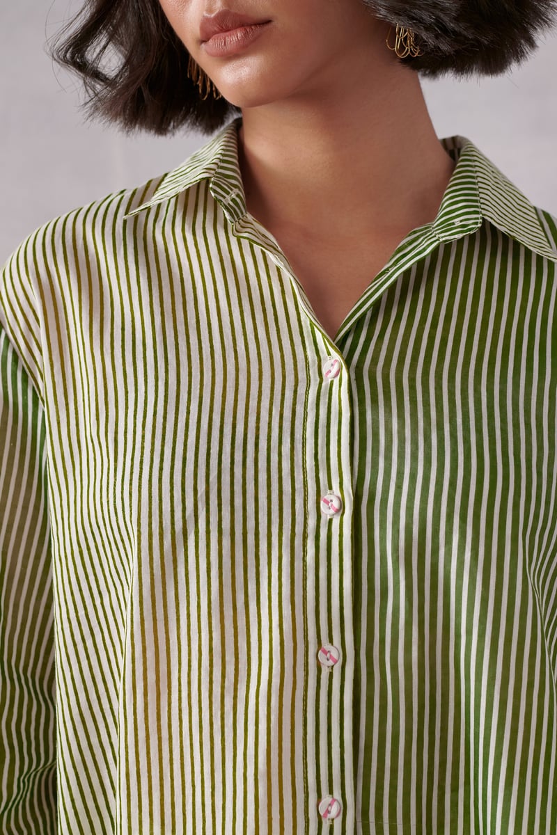 Green Striped Relaxed-Fit Cotton Button-Down Shirt