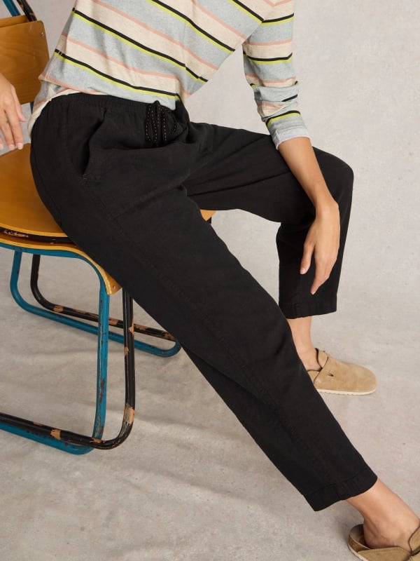 Pure Black Linen Blend Drawstring Tapered Trousers