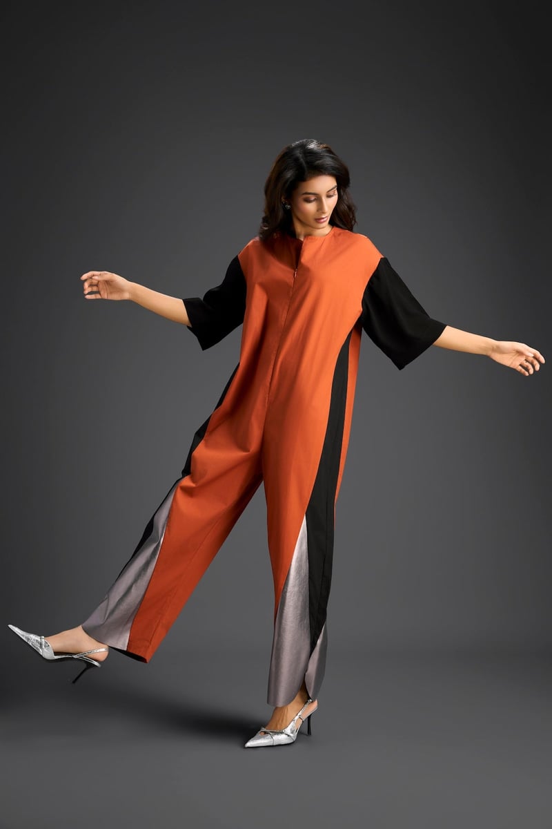 Rust Colorblock Jumpsuit with Metallic Panel Detail