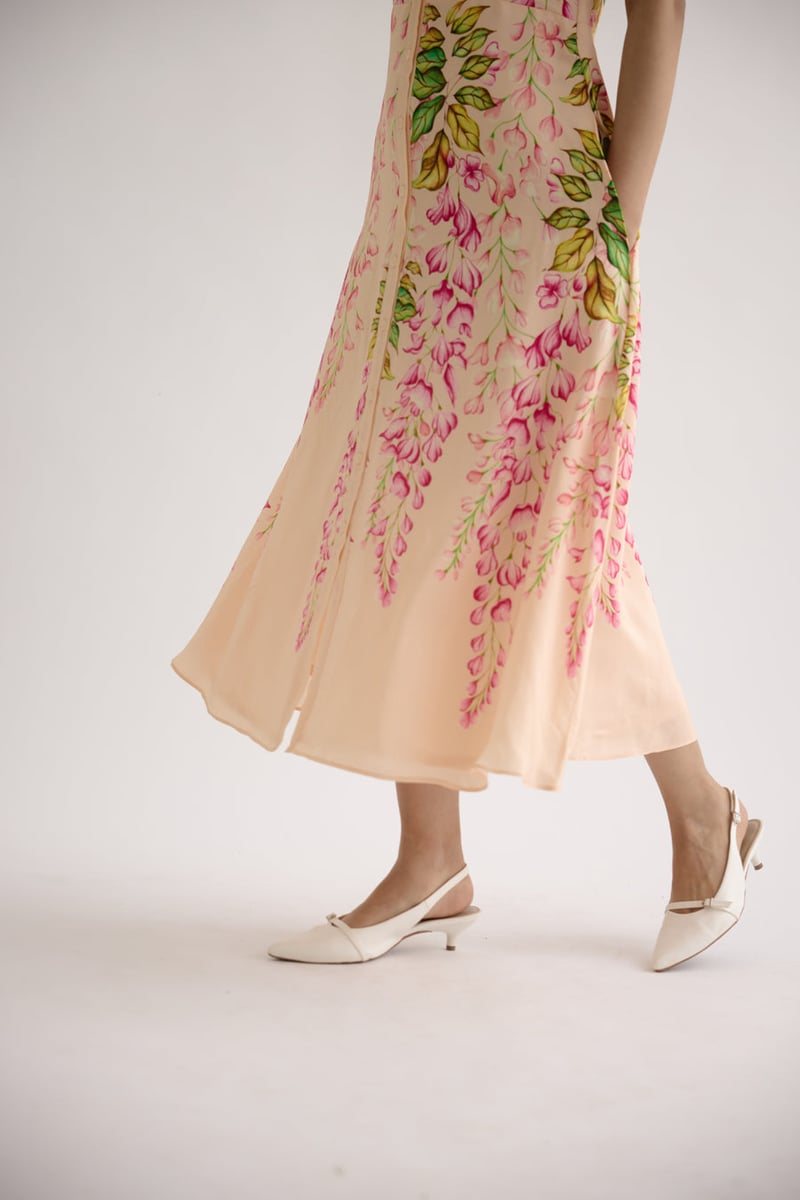Pink Floral A-Line Midi Shirt Dress with Puff Sleeves