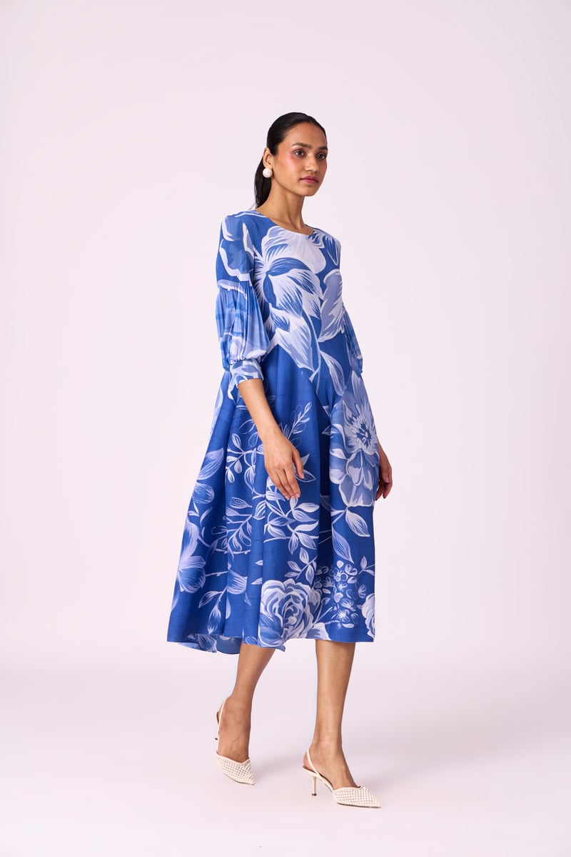 Blue Floral Pleated Fit and Flare Midi Dress