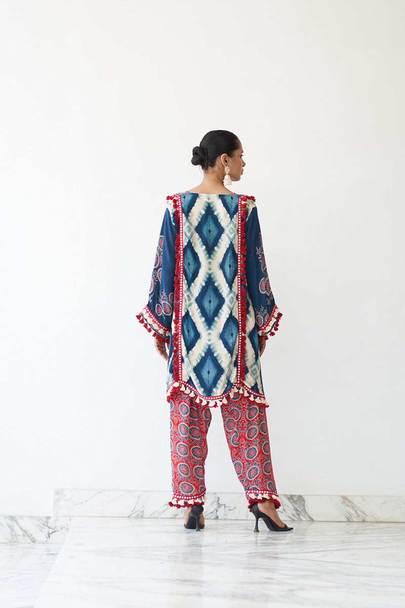 Blue Printed Crepe Kurta Set with Mirror Work Trim
