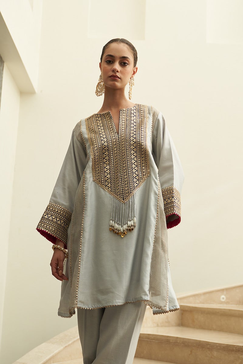Grey Chanderi Silk A-Line Kurta Set with Gold Yoke