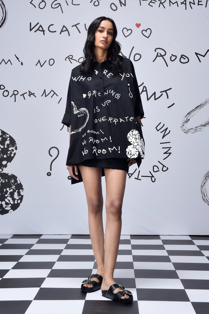 Black Oversized Scribble Print Poplin Shirt