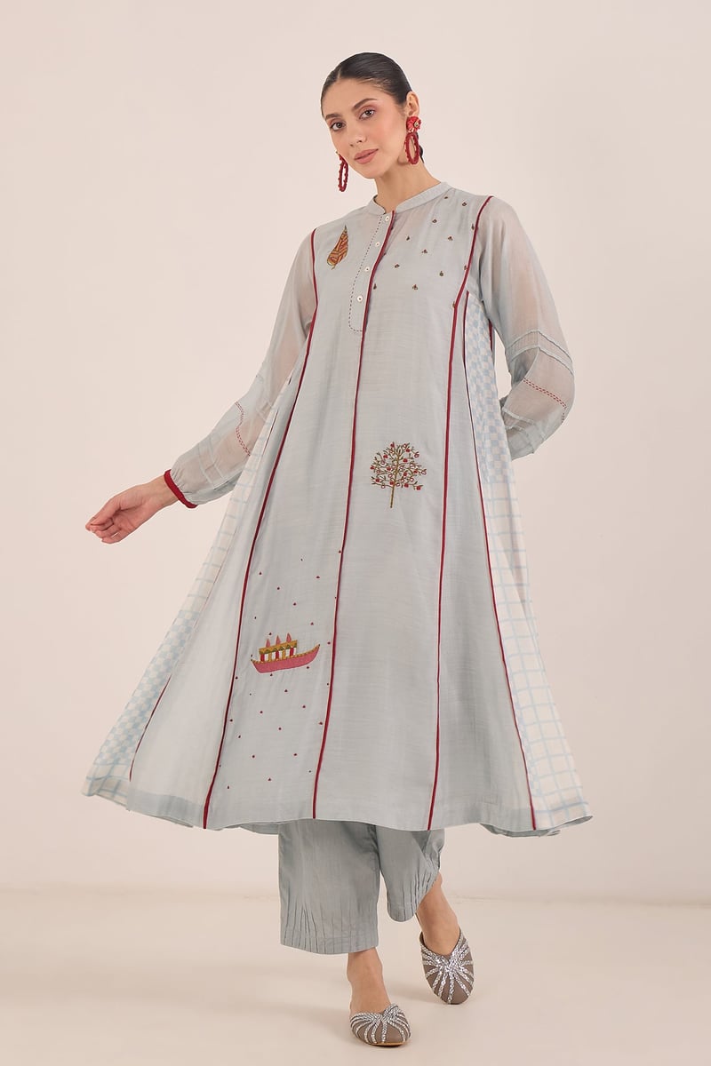Powder Blue Chanderi Kali Kurta Set with Red Piping — SHIVANI BHARGAVA